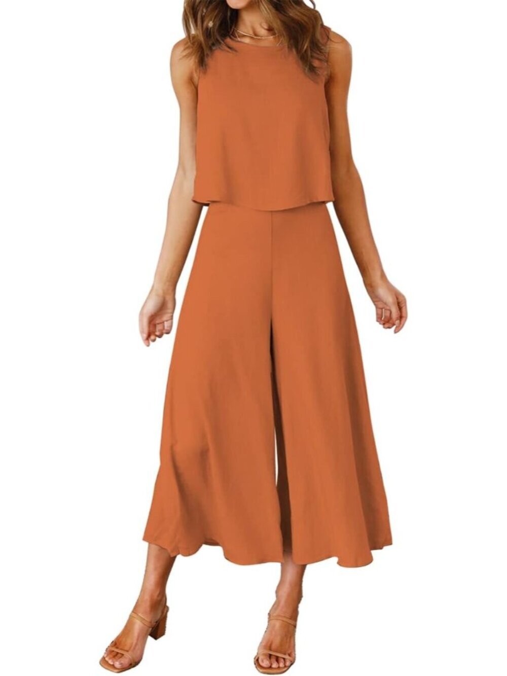 Women's Summer 2 Piece Dark Orange Round Neck Crop Top Cropped Wide Leg Jumpsuit